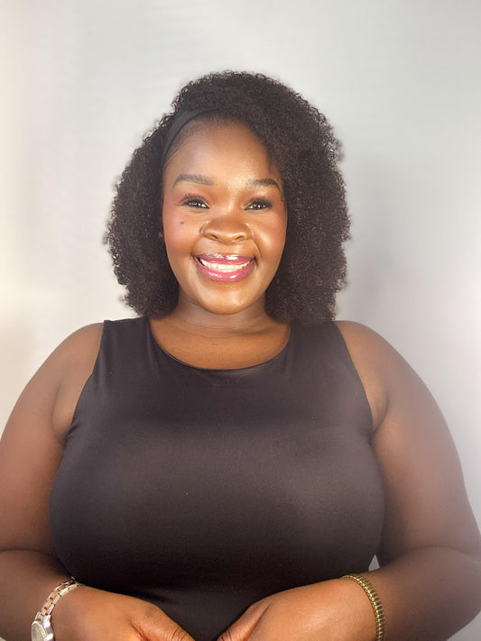 afro curly headband wig, 16 inches, 100% human hair, natural black, 150% density